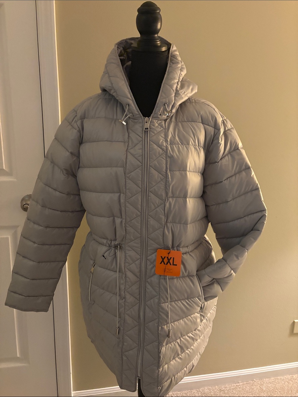Kenneth Cole Light Gray Quilted Hooded Puffer Coat